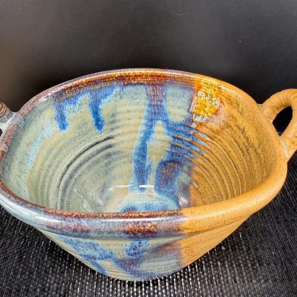 Barbara G Childs Studio Pottery Handled Bowl Dish‎ Ochre Drip Glaze Signed